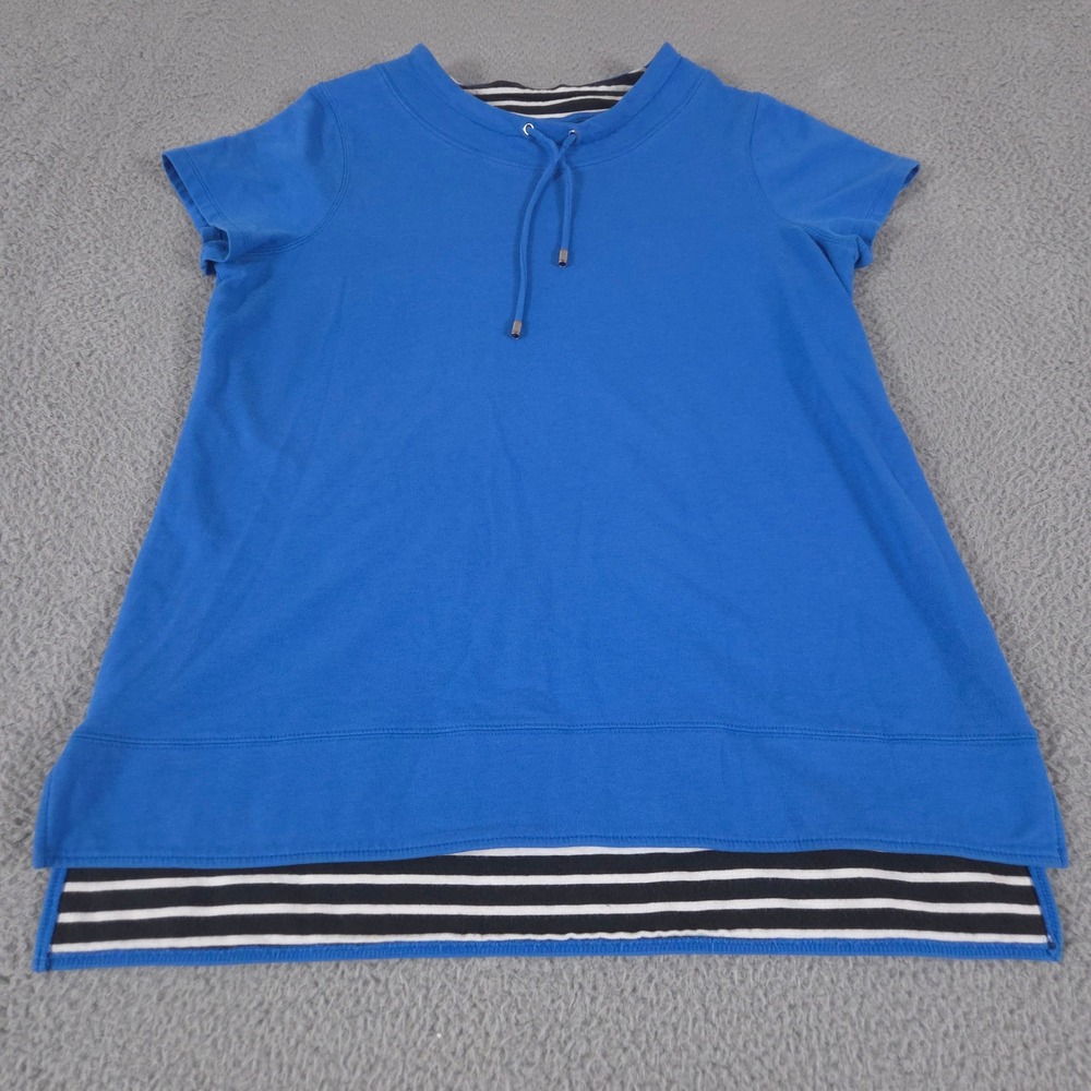 Chicos Zenergy Top Women 2 Blue Striped Hem Layered Drawstring Neck Cotton Modal